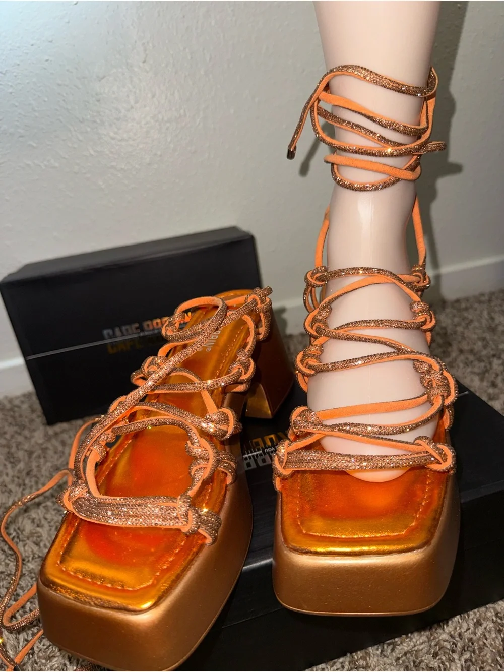 Cape Robbin Metallic Orange Strappy Platform Heels